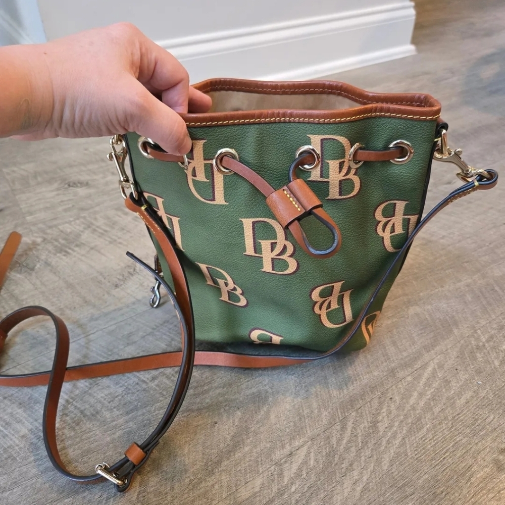 Dooney & Bourke Green and Tan Logo Drawstring Crossbody Bag